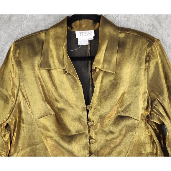 Tess Shirt Womens 10 Gold Metallic Retro Button Up Long Sleeve Blouse Vintage - Picture 6 of 10